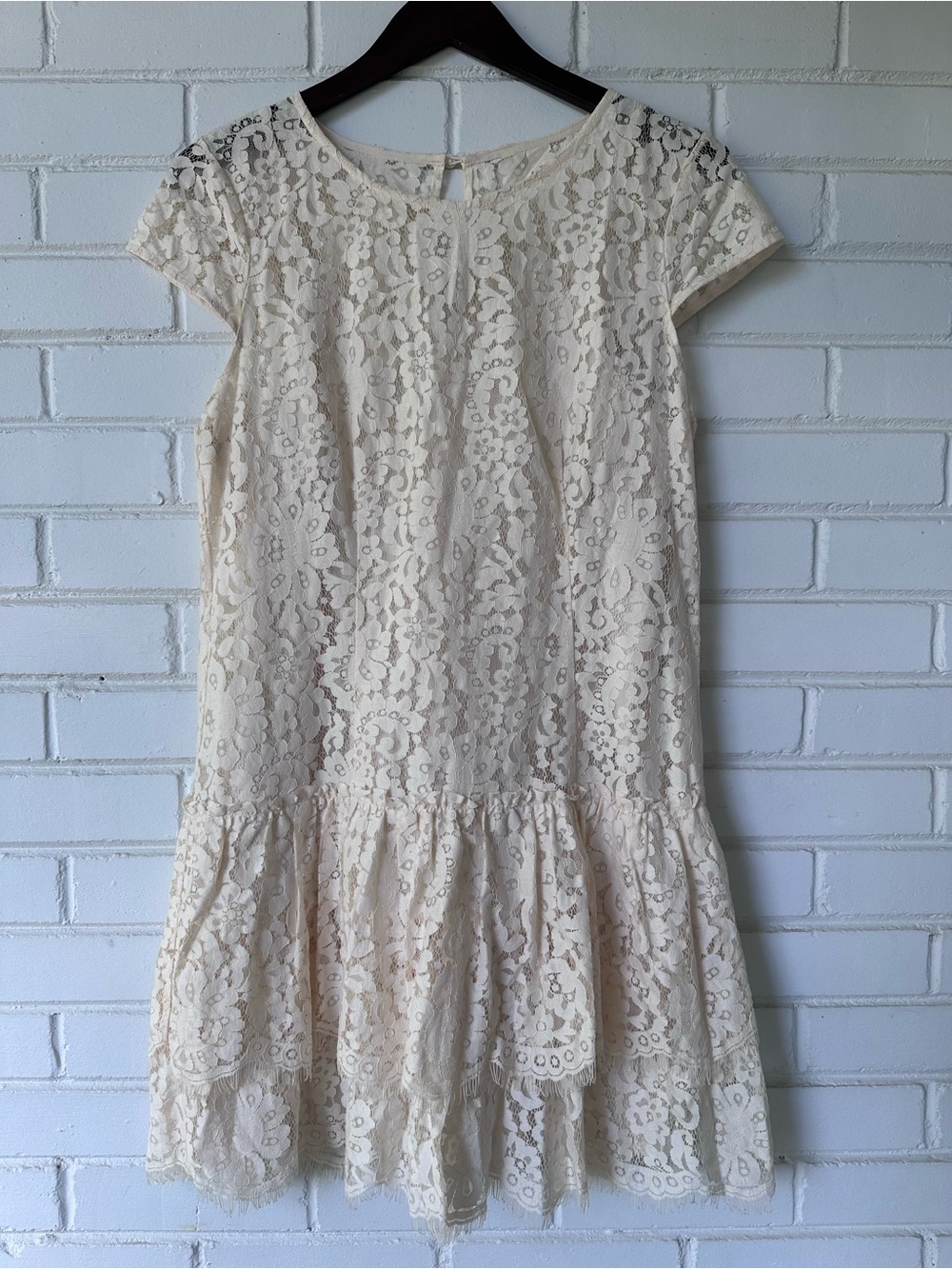 LOFT Ivory Lace Tiered Cap Sleeve Mini Dress